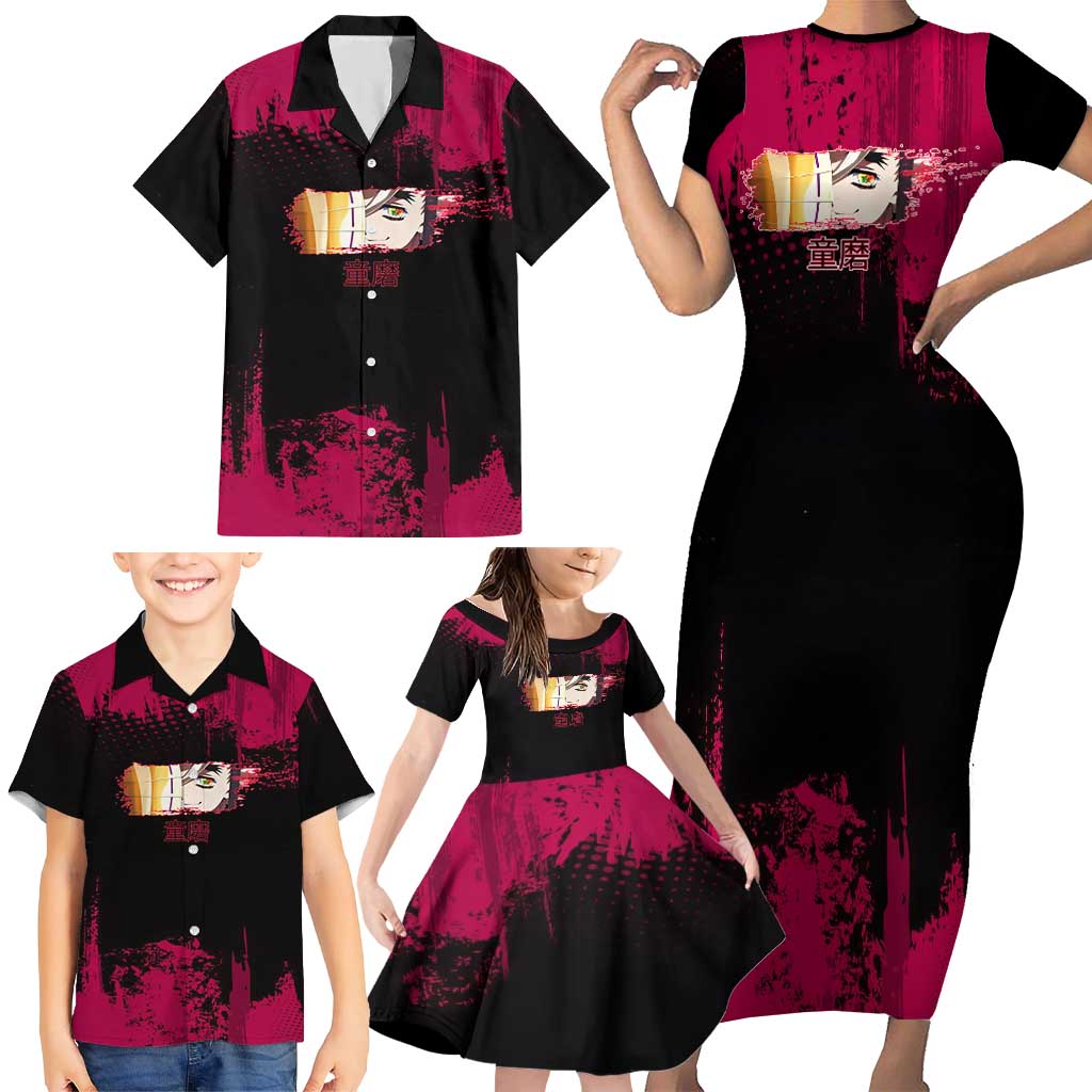 Douma Demon Slayer Red Grunge Design Family Matching Short Sleeve Bodycon Dress and Hawaiian Shirt with Fan Pose and Piercing Eyes Detail
