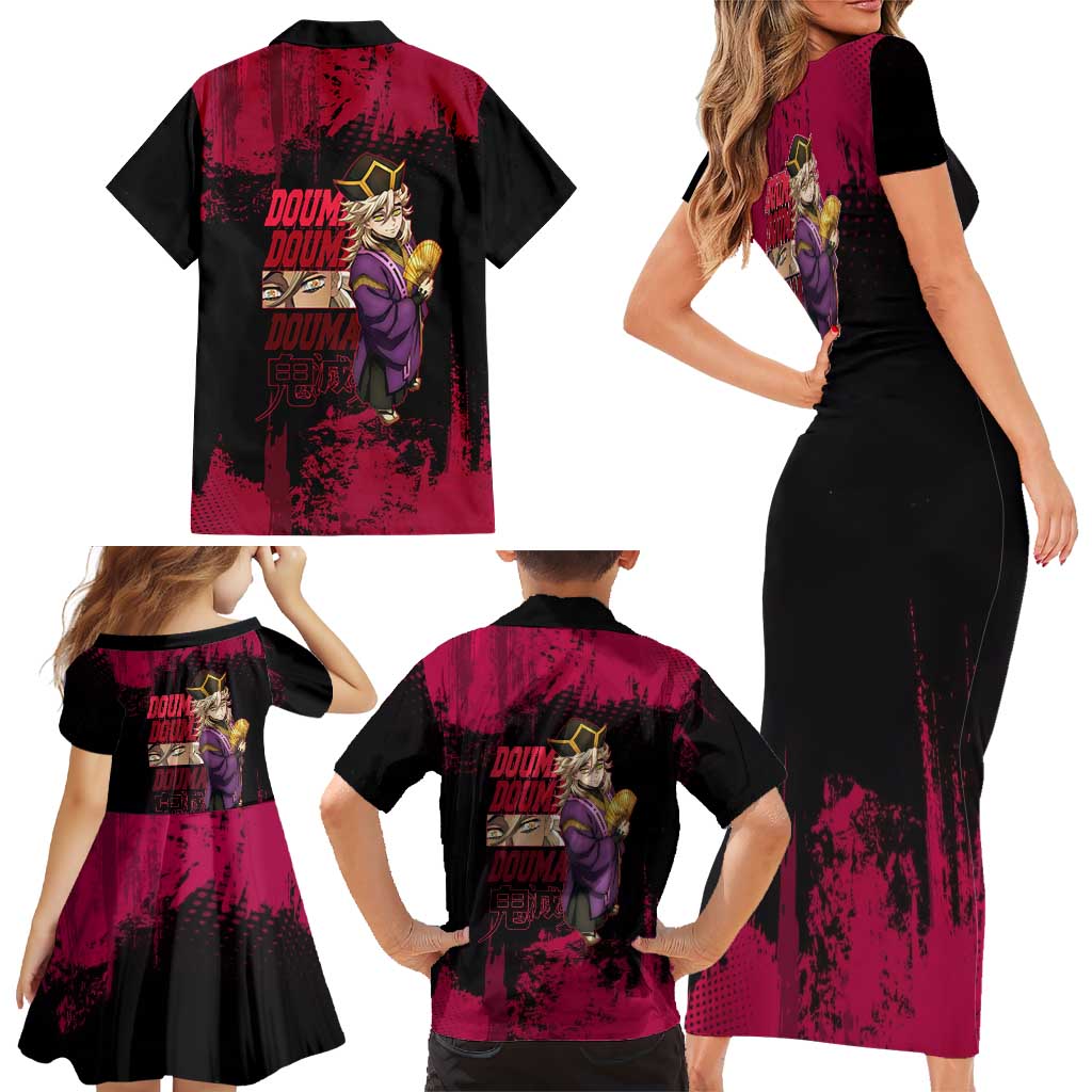 Douma Demon Slayer Red Grunge Design Family Matching Short Sleeve Bodycon Dress and Hawaiian Shirt with Fan Pose and Piercing Eyes Detail