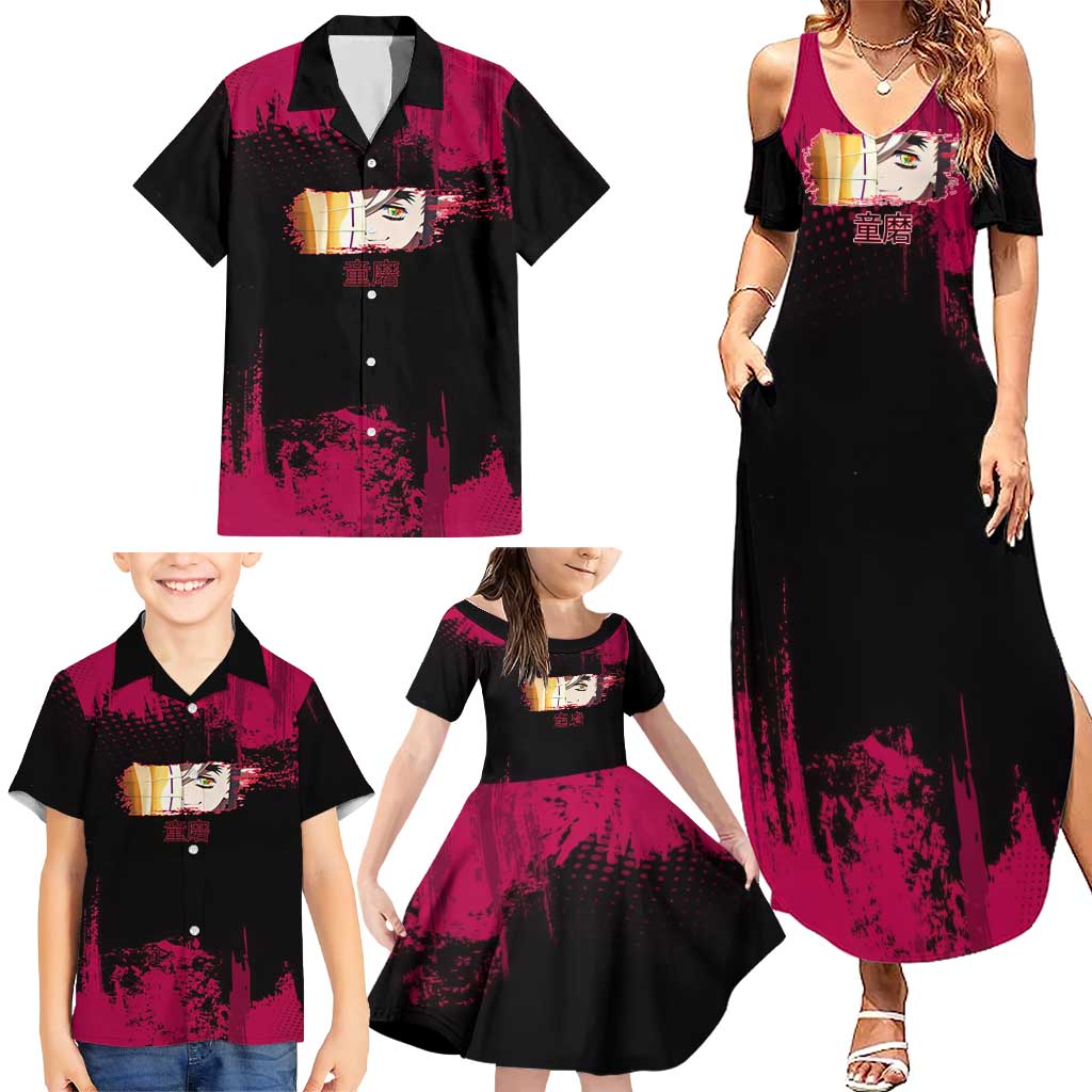 Douma Demon Slayer Red Grunge Design Family Matching Summer Maxi Dress and Hawaiian Shirt with Fan Pose and Piercing Eyes Detail
