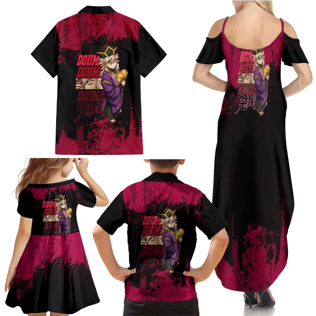 Douma Demon Slayer Red Grunge Design Family Matching Summer Maxi Dress and Hawaiian Shirt with Fan Pose and Piercing Eyes Detail