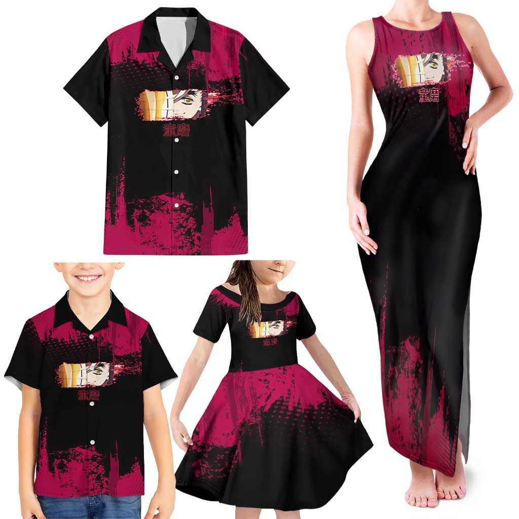 Douma Demon Slayer Red Grunge Design Family Matching Tank Maxi Dress and Hawaiian Shirt with Fan Pose and Piercing Eyes Detail