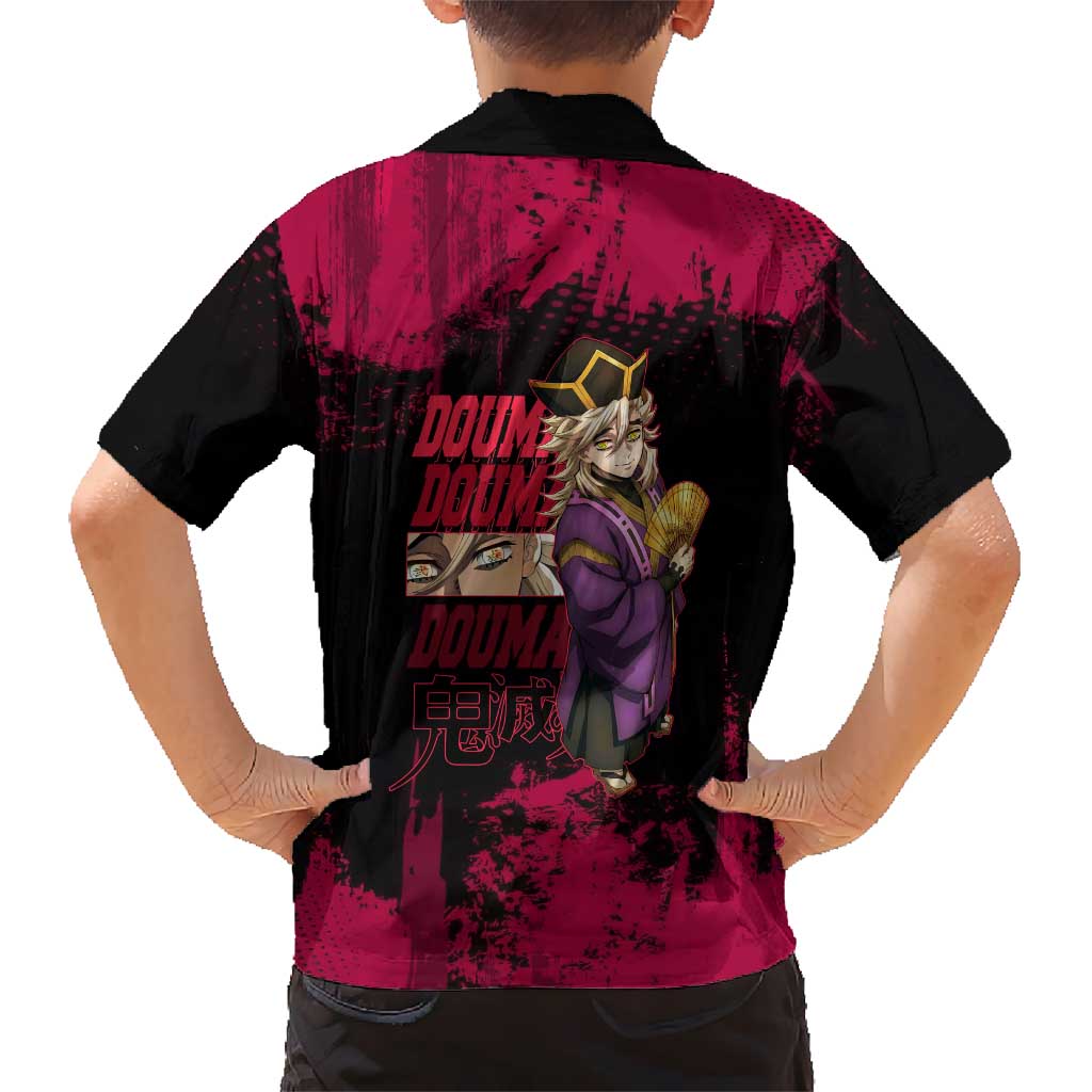 Douma Demon Slayer Red Grunge Design Family Matching Tank Maxi Dress and Hawaiian Shirt with Fan Pose and Piercing Eyes Detail