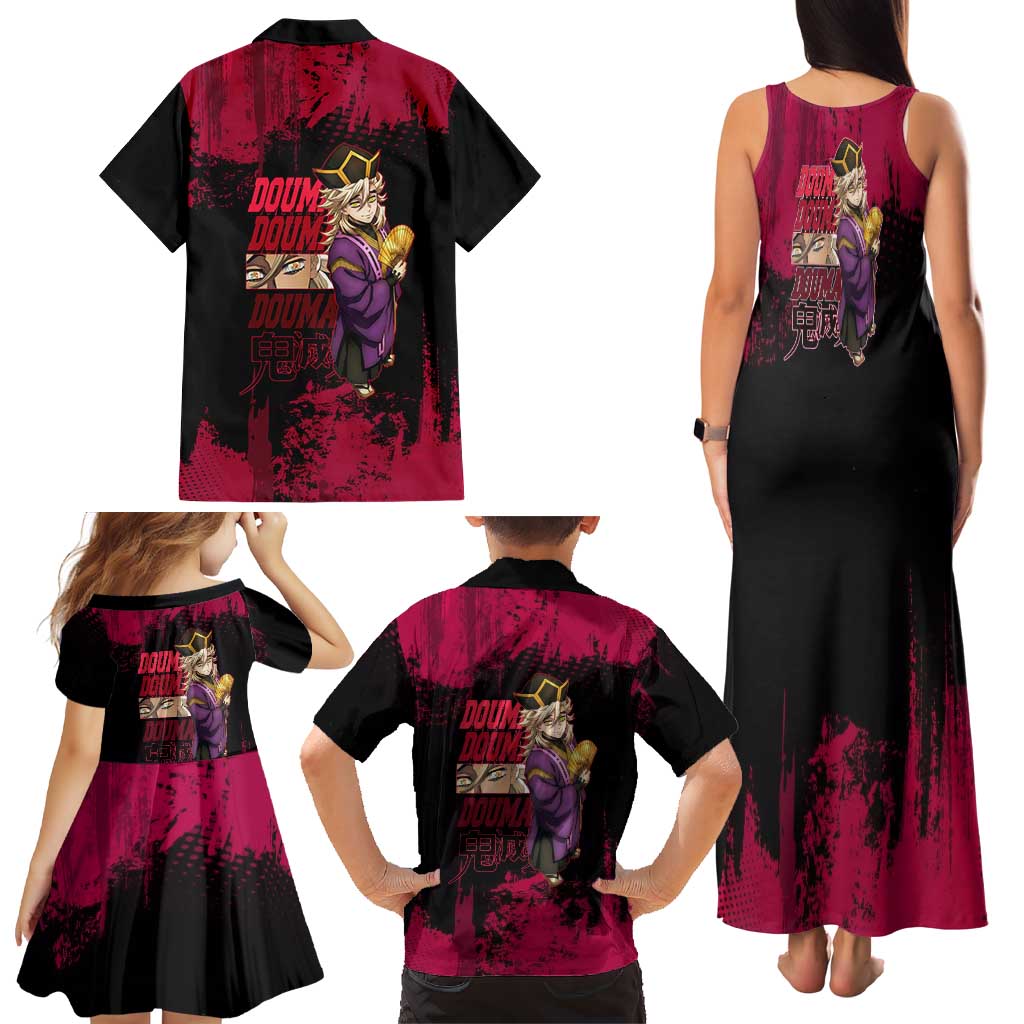Douma Demon Slayer Red Grunge Design Family Matching Tank Maxi Dress and Hawaiian Shirt with Fan Pose and Piercing Eyes Detail
