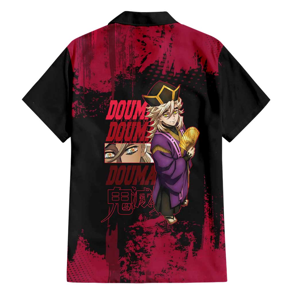 Douma Demon Slayer Red Grunge Design Family Matching Tank Maxi Dress and Hawaiian Shirt with Fan Pose and Piercing Eyes Detail