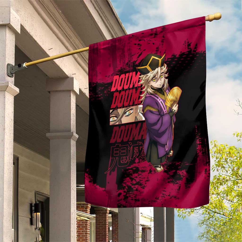 Douma Demon Slayer Red Grunge Design Garden Flag with Fan Pose and Piercing Eyes Detail - The Mazicc