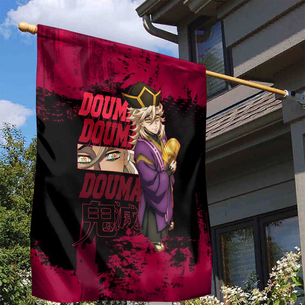 Douma Demon Slayer Red Grunge Design Garden Flag with Fan Pose and Piercing Eyes Detail - The Mazicc