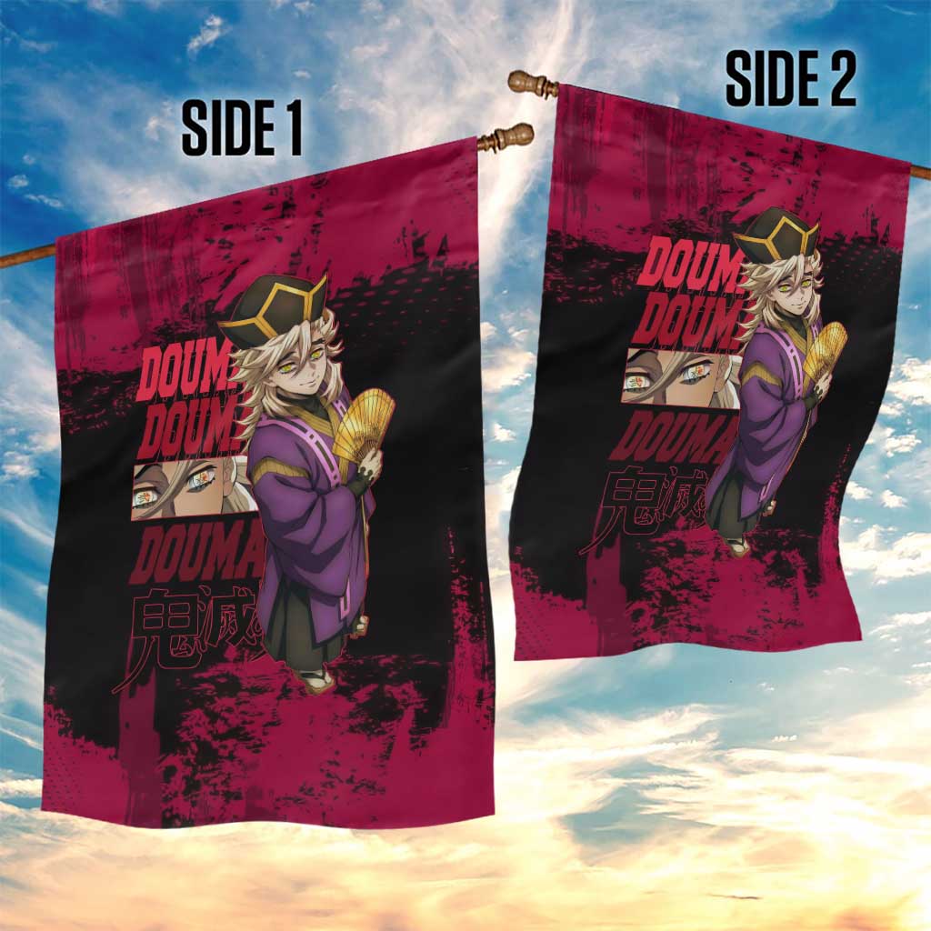 Douma Demon Slayer Red Grunge Design Garden Flag with Fan Pose and Piercing Eyes Detail - The Mazicc