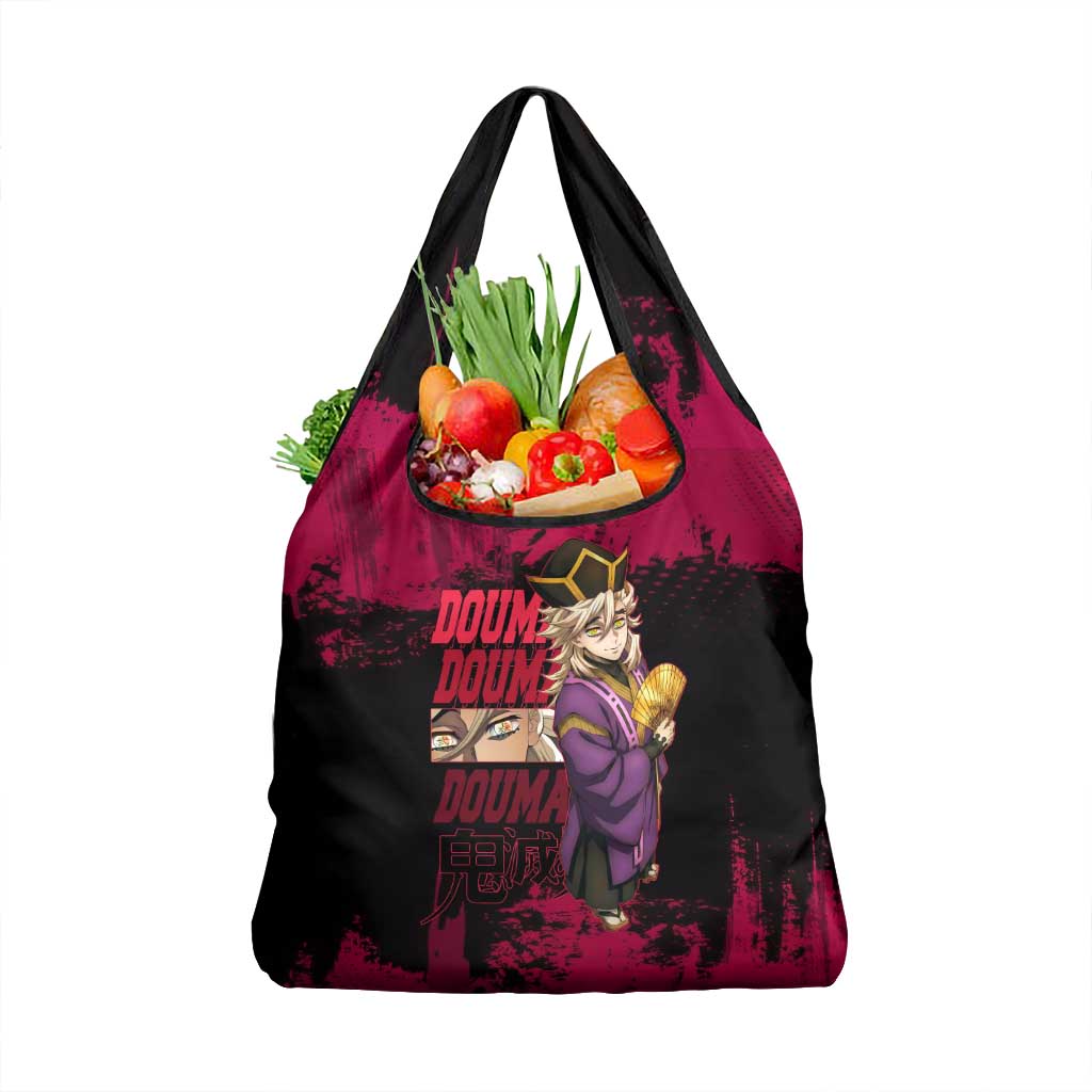 Douma Demon Slayer Red Grunge Design Grocery Bag with Fan Pose and Piercing Eyes Detail - The Mazicc