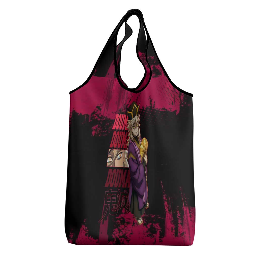 Douma Demon Slayer Red Grunge Design Grocery Bag with Fan Pose and Piercing Eyes Detail - The Mazicc