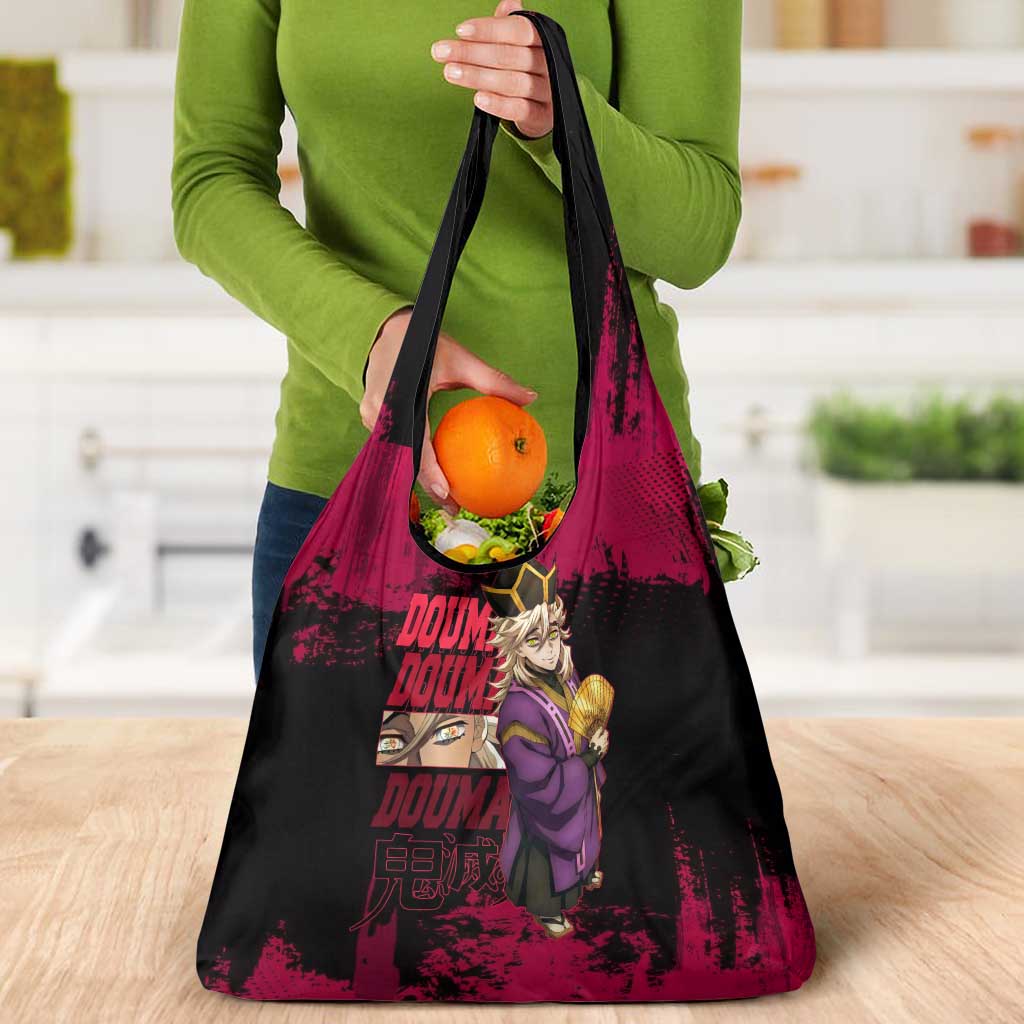 Douma Demon Slayer Red Grunge Design Grocery Bag with Fan Pose and Piercing Eyes Detail - The Mazicc
