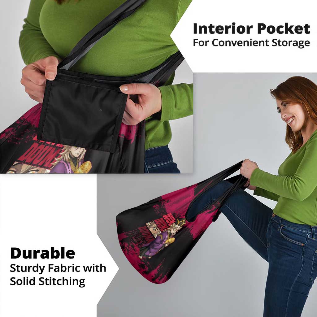 Douma Demon Slayer Red Grunge Design Grocery Bag with Fan Pose and Piercing Eyes Detail - The Mazicc