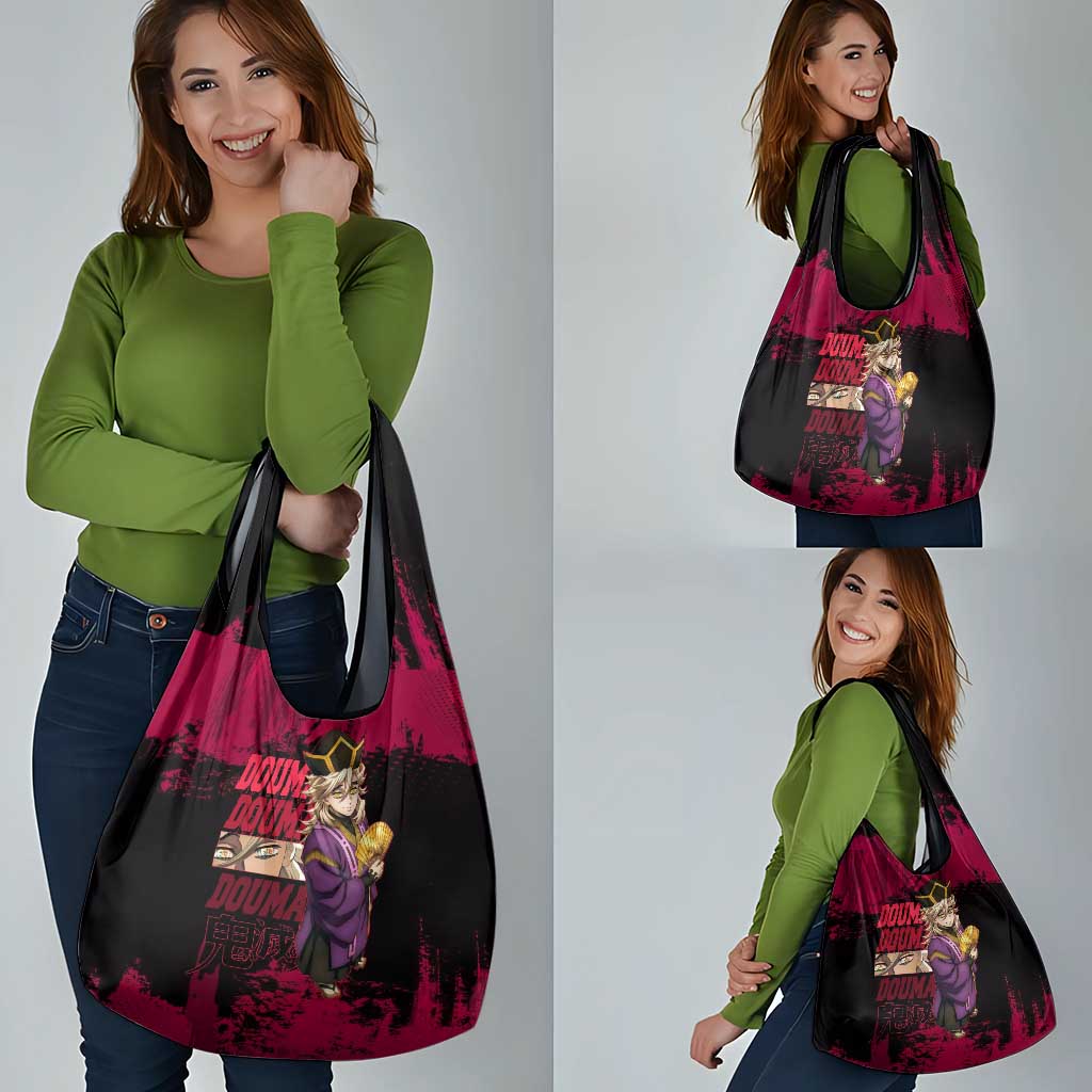 Douma Demon Slayer Red Grunge Design Grocery Bag with Fan Pose and Piercing Eyes Detail - The Mazicc