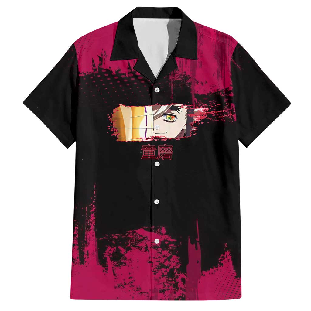 Douma Demon Slayer Red Grunge Design Hawaiian Shirt with Fan Pose and Piercing Eyes Detail - The Mazicc