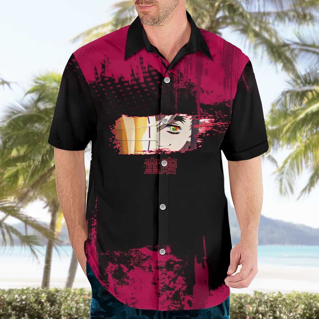 Douma Demon Slayer Red Grunge Design Hawaiian Shirt with Fan Pose and Piercing Eyes Detail - The Mazicc