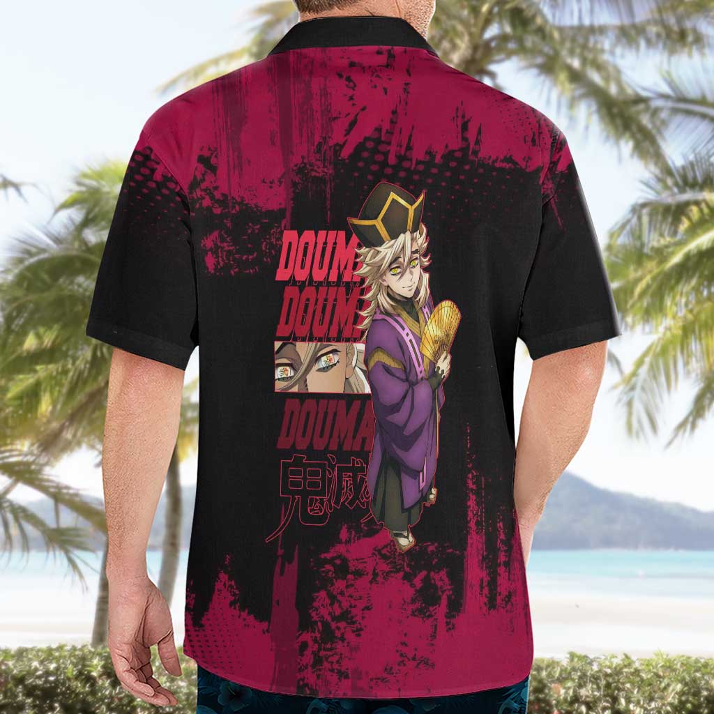 Douma Demon Slayer Red Grunge Design Hawaiian Shirt with Fan Pose and Piercing Eyes Detail - The Mazicc