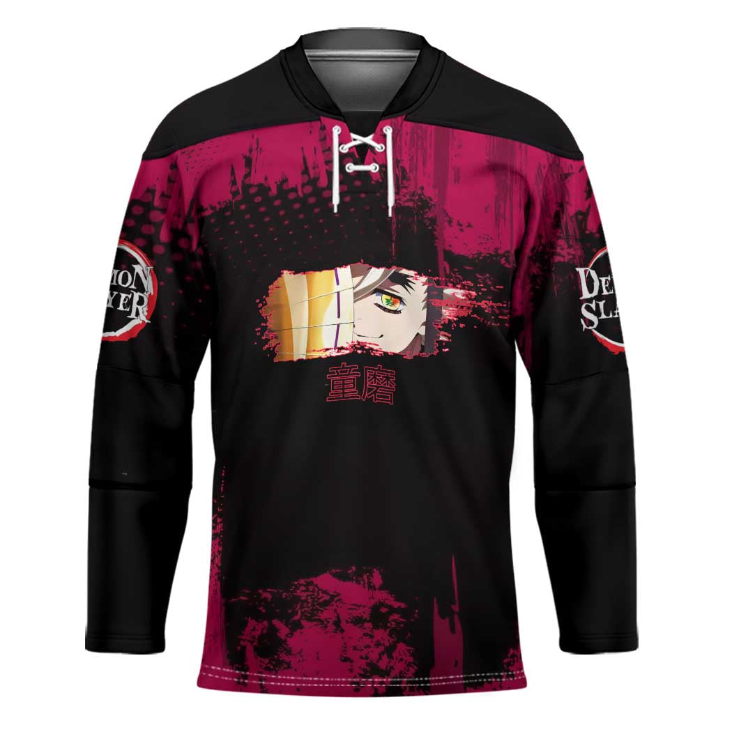 Douma Demon Slayer Red Grunge Design Hockey Jersey with Fan Pose and Piercing Eyes Detail - The Mazicc