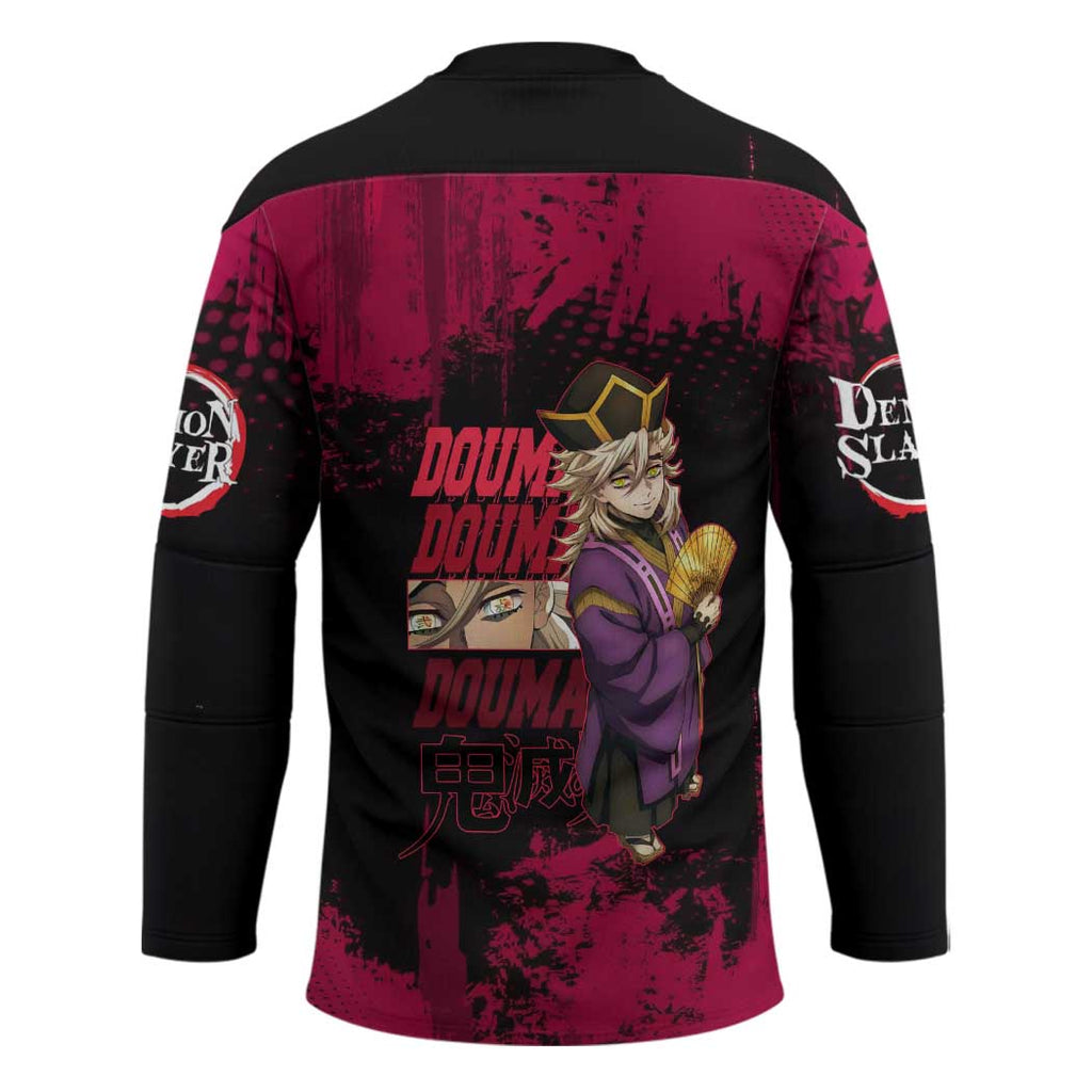 Douma Demon Slayer Red Grunge Design Hockey Jersey with Fan Pose and Piercing Eyes Detail - The Mazicc