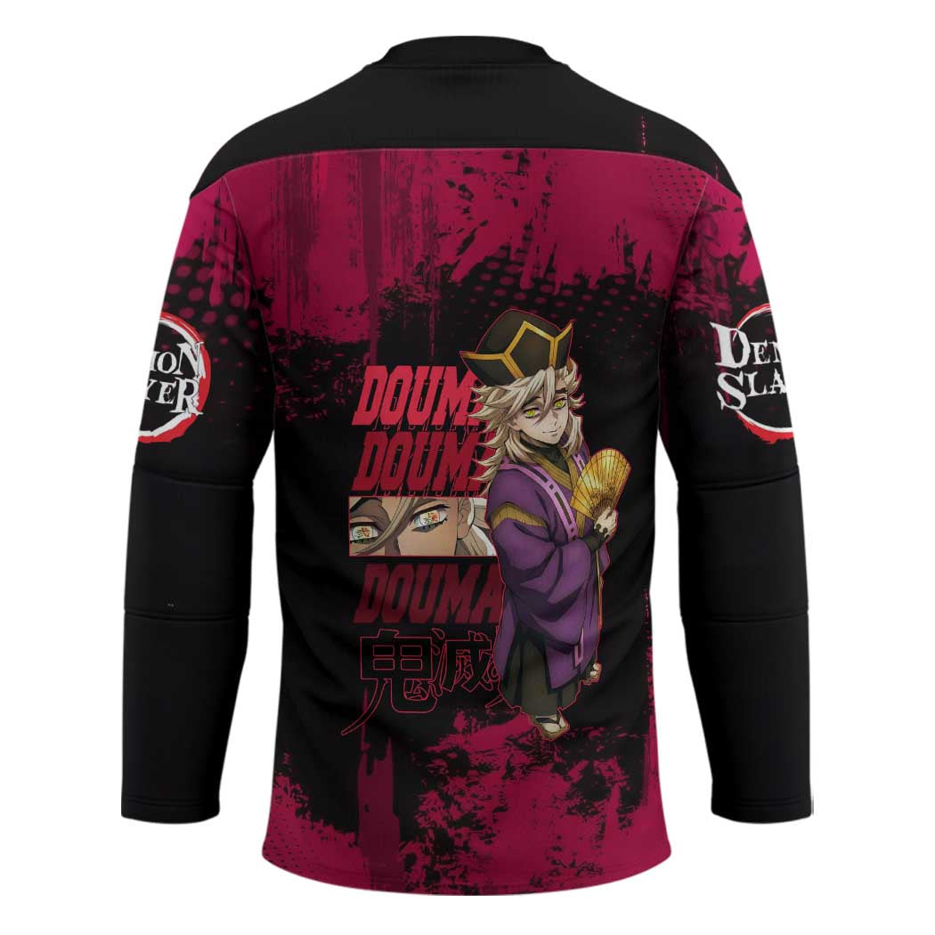Douma Demon Slayer Red Grunge Design Hockey Jersey with Fan Pose and Piercing Eyes Detail - The Mazicc