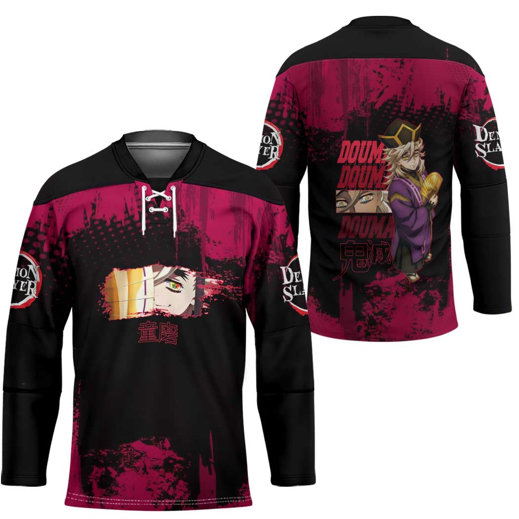 Douma Demon Slayer Red Grunge Design Hockey Jersey with Fan Pose and Piercing Eyes Detail - The Mazicc