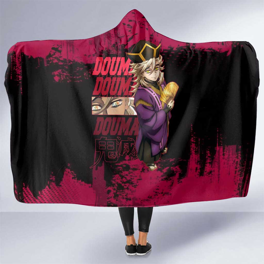 Douma Demon Slayer Red Grunge Design Hooded Blanket with Fan Pose and Piercing Eyes Detail - The Mazicc