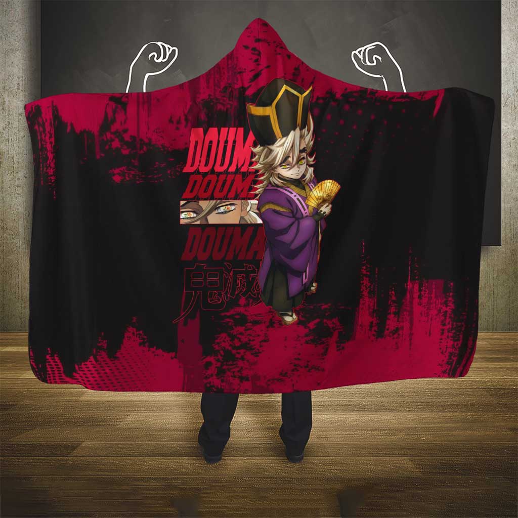 Douma Demon Slayer Red Grunge Design Hooded Blanket with Fan Pose and Piercing Eyes Detail - The Mazicc