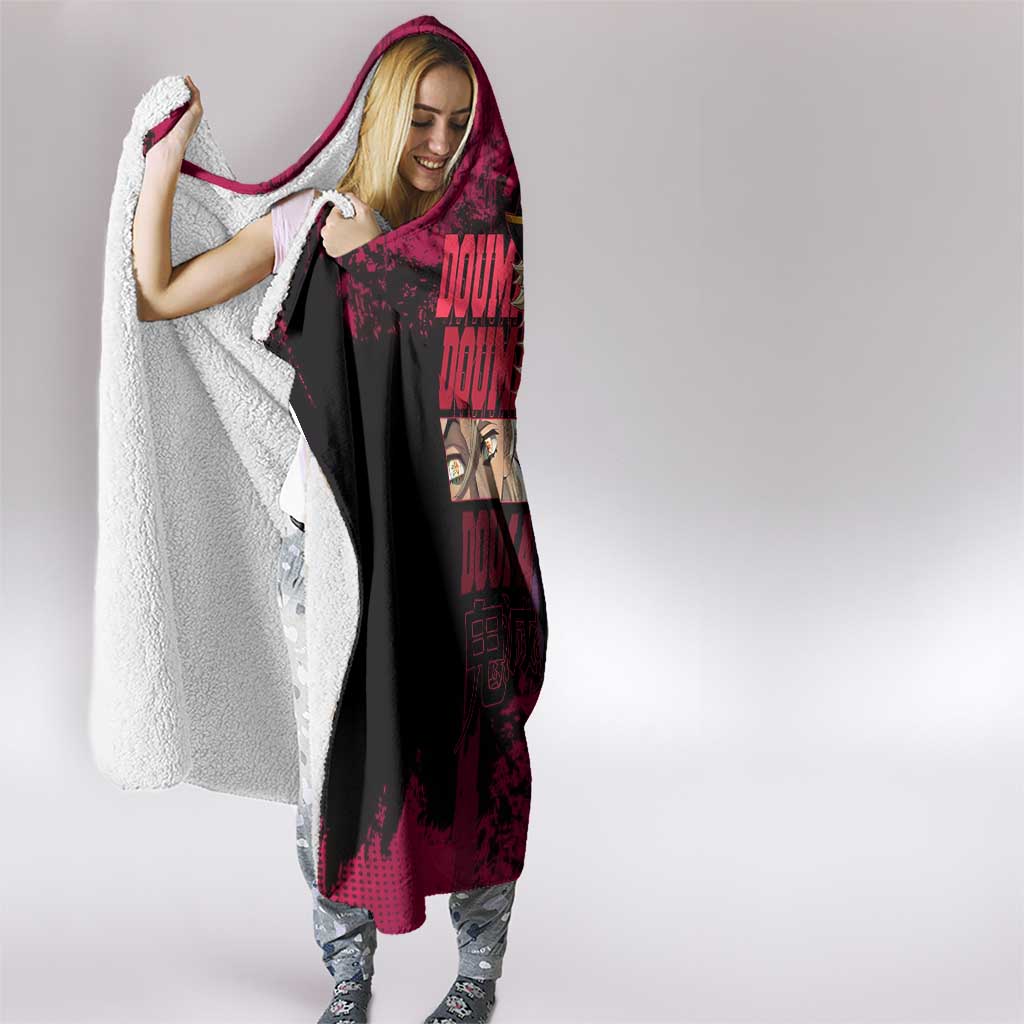 Douma Demon Slayer Red Grunge Design Hooded Blanket with Fan Pose and Piercing Eyes Detail - The Mazicc