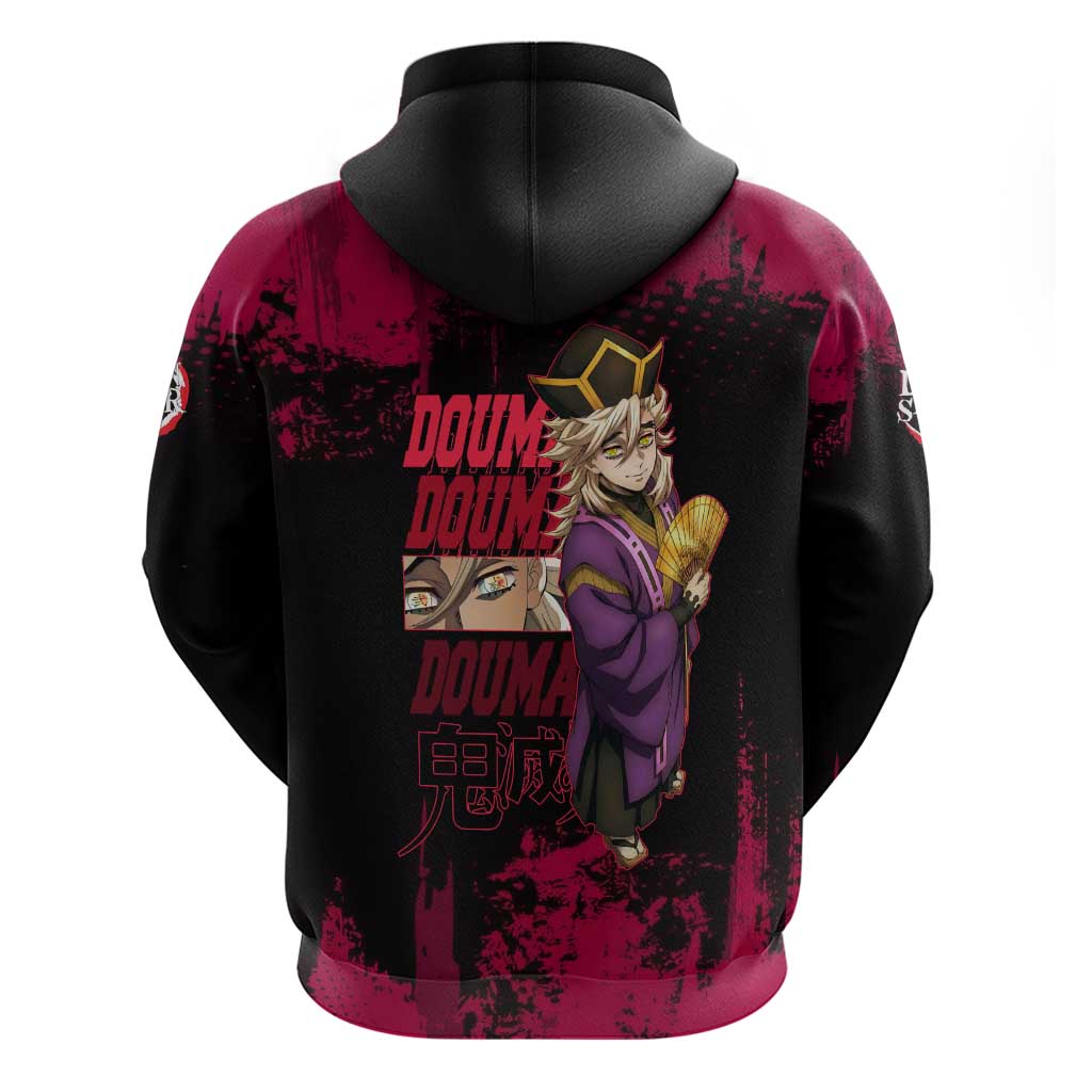 Douma Demon Slayer Red Grunge Design Hoodie with Fan Pose and Piercing Eyes Detail - The Mazicc