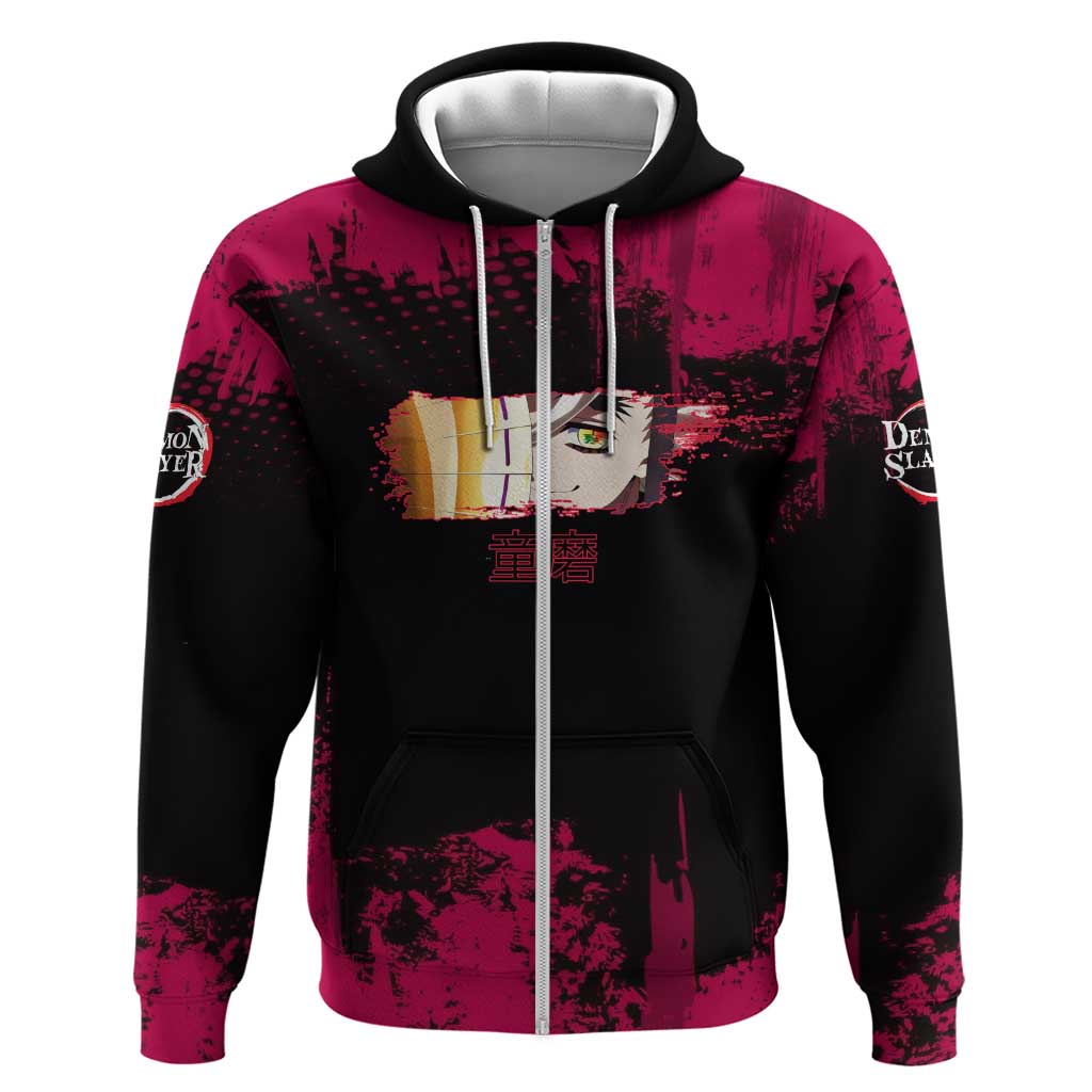 Douma Demon Slayer Red Grunge Design Hoodie with Fan Pose and Piercing Eyes Detail - The Mazicc