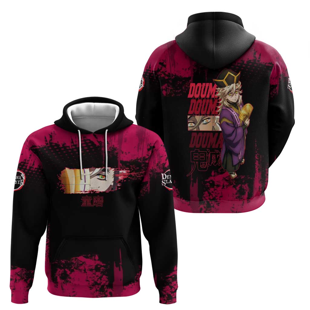 Douma Demon Slayer Red Grunge Design Hoodie with Fan Pose and Piercing Eyes Detail - The Mazicc