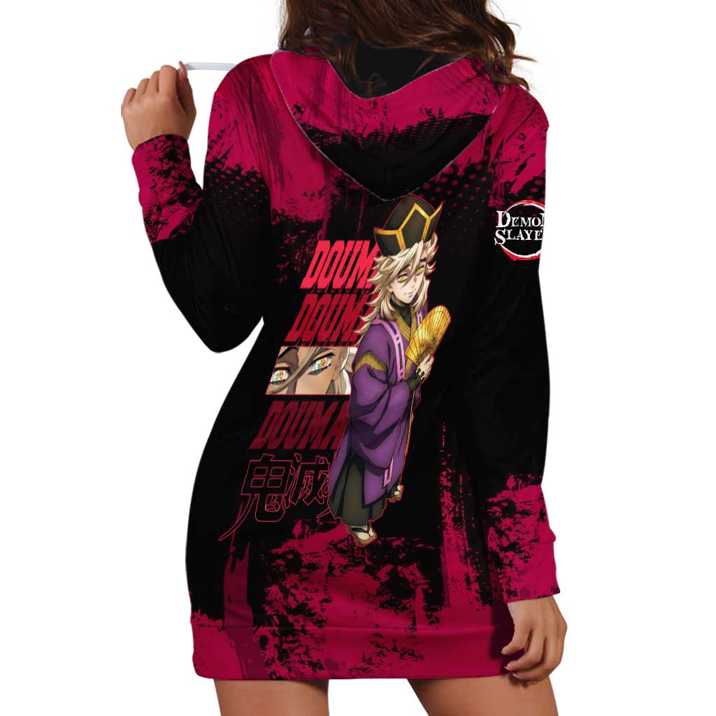 Douma Demon Slayer Red Grunge Design Hoodie Dress with Fan Pose and Piercing Eyes Detail - The Mazicc