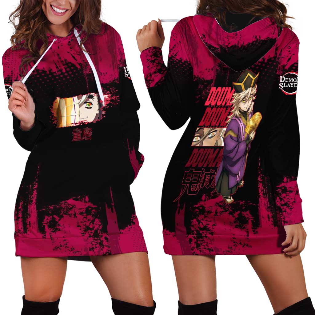 Douma Demon Slayer Red Grunge Design Hoodie Dress with Fan Pose and Piercing Eyes Detail - The Mazicc