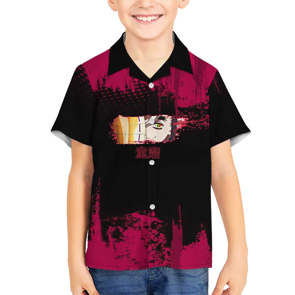 Douma Demon Slayer Red Grunge Design Kid Hawaiian Shirt with Fan Pose and Piercing Eyes Detail - The Mazicc