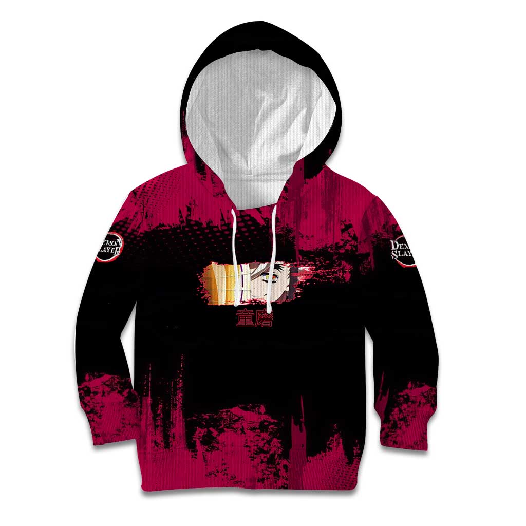 Douma Demon Slayer Red Grunge Design Kid Hoodie with Fan Pose and Piercing Eyes Detail - The Mazicc