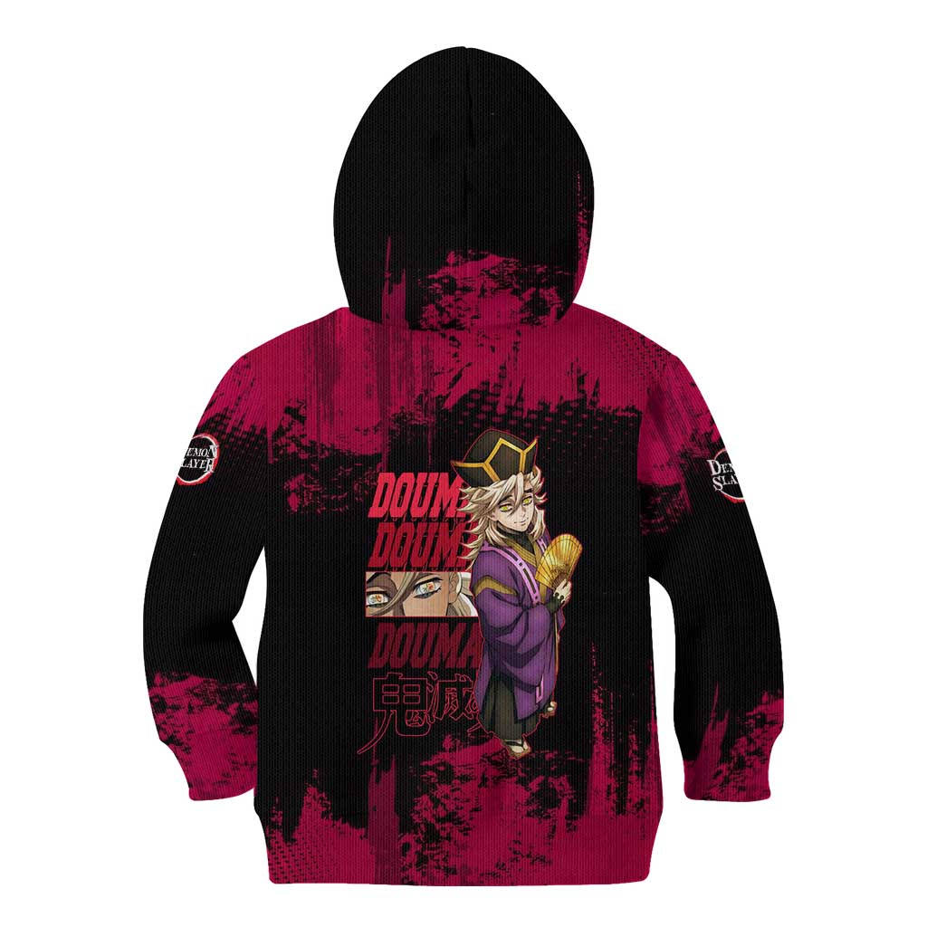 Douma Demon Slayer Red Grunge Design Kid Hoodie with Fan Pose and Piercing Eyes Detail - The Mazicc