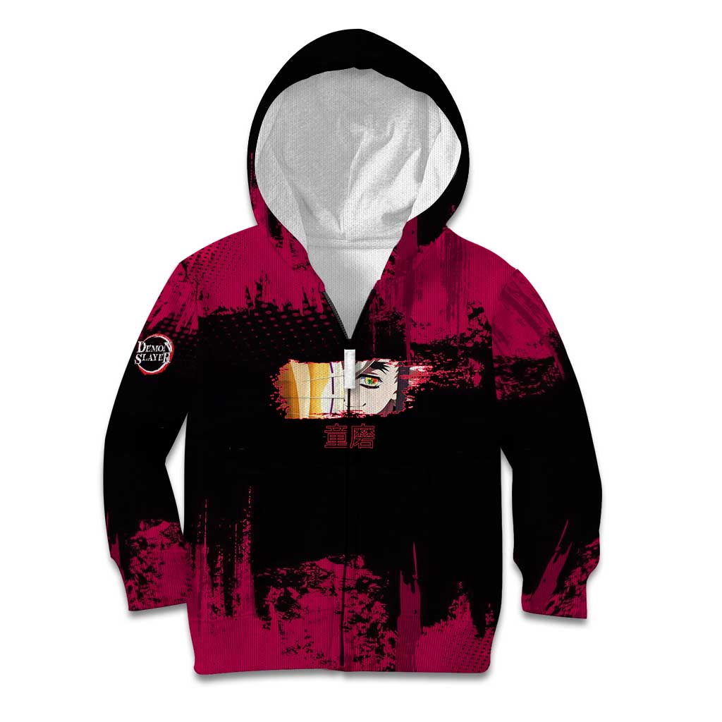 Douma Demon Slayer Red Grunge Design Kid Hoodie with Fan Pose and Piercing Eyes Detail - The Mazicc