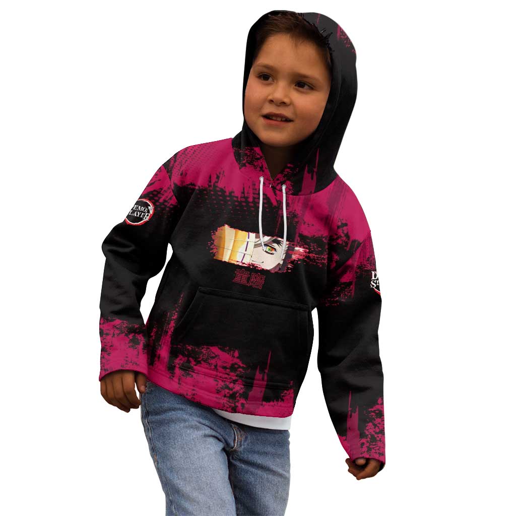 Douma Demon Slayer Red Grunge Design Kid Hoodie with Fan Pose and Piercing Eyes Detail - The Mazicc