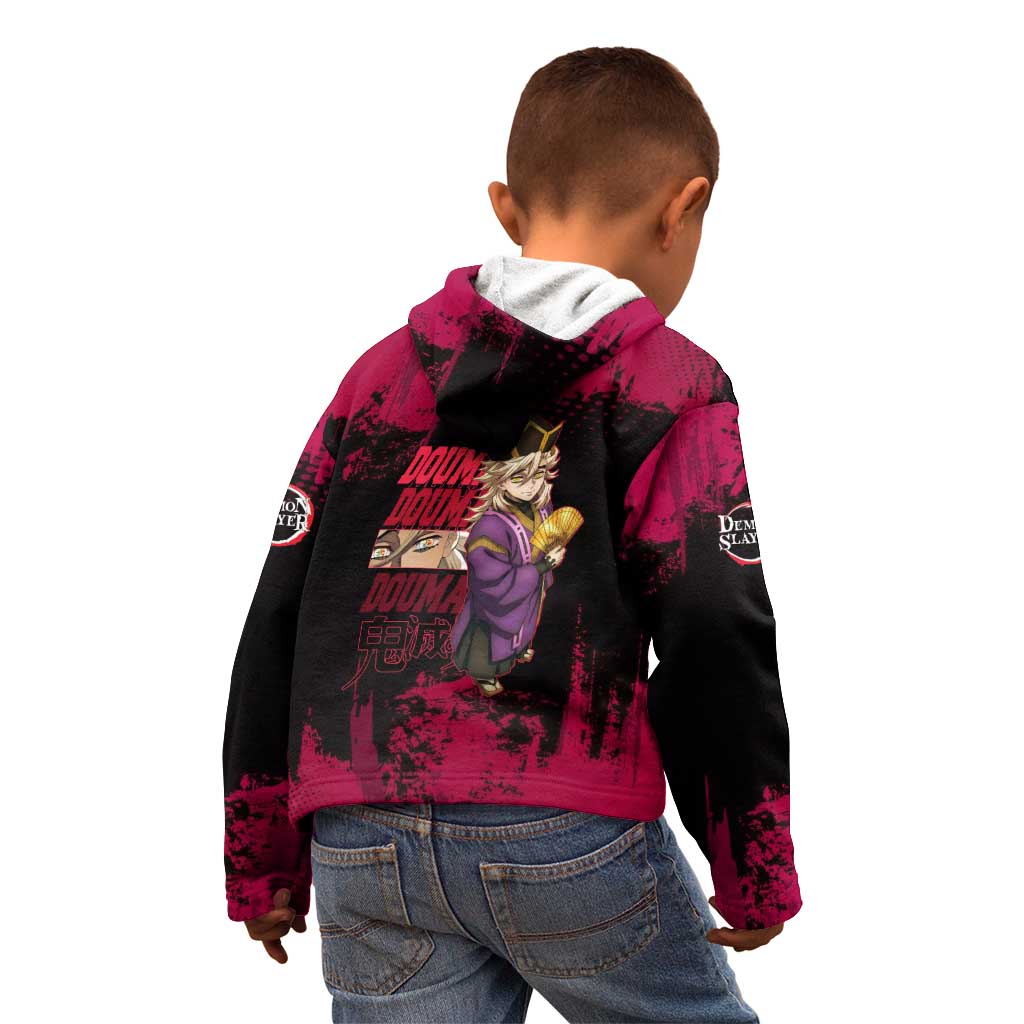 Douma Demon Slayer Red Grunge Design Kid Hoodie with Fan Pose and Piercing Eyes Detail - The Mazicc