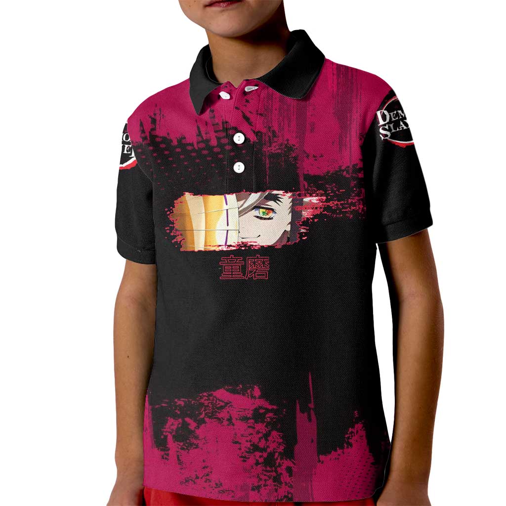 Douma Demon Slayer Red Grunge Design Kid Polo Shirt with Fan Pose and Piercing Eyes Detail - The Mazicc