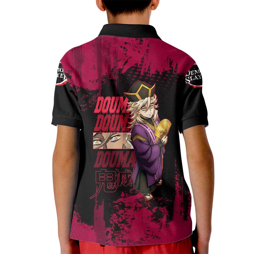 Douma Demon Slayer Red Grunge Design Kid Polo Shirt with Fan Pose and Piercing Eyes Detail - The Mazicc