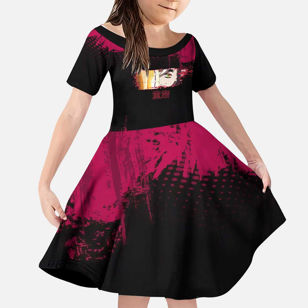 Douma Demon Slayer Red Grunge Design Kid Short Sleeve Dress with Fan Pose and Piercing Eyes Detail - The Mazicc