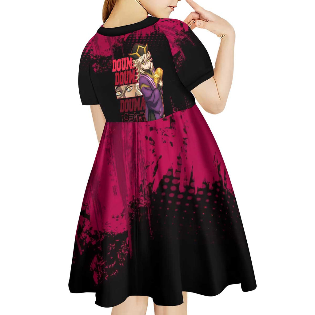 Douma Demon Slayer Red Grunge Design Kid Short Sleeve Dress with Fan Pose and Piercing Eyes Detail - The Mazicc
