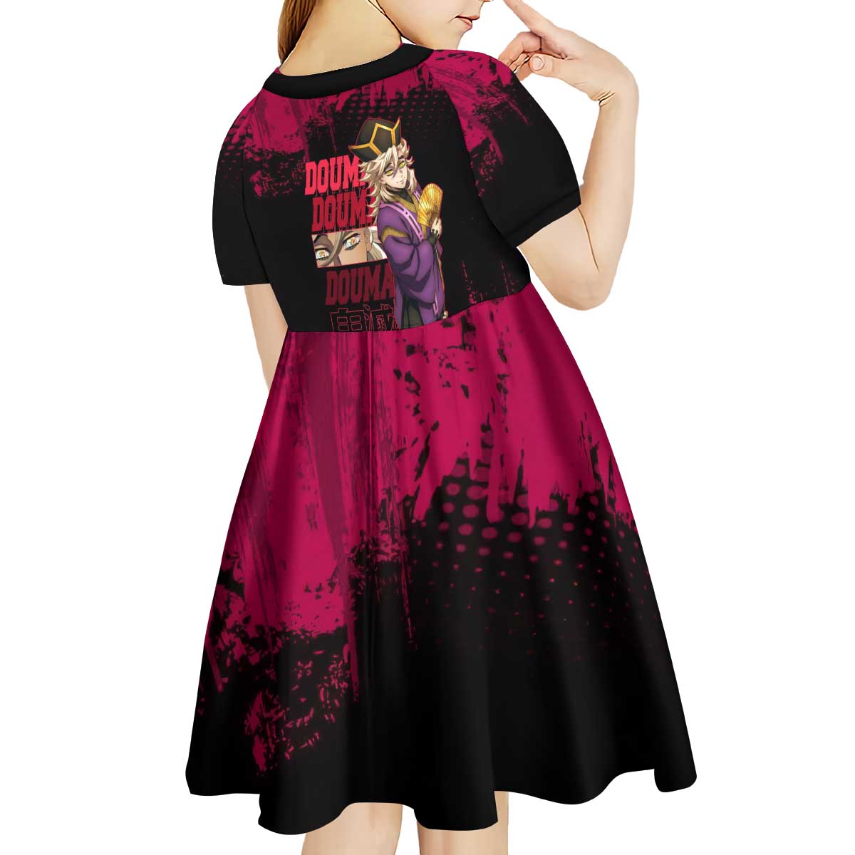 Douma Demon Slayer Red Grunge Design Kid Short Sleeve Dress with Fan Pose and Piercing Eyes Detail - The Mazicc