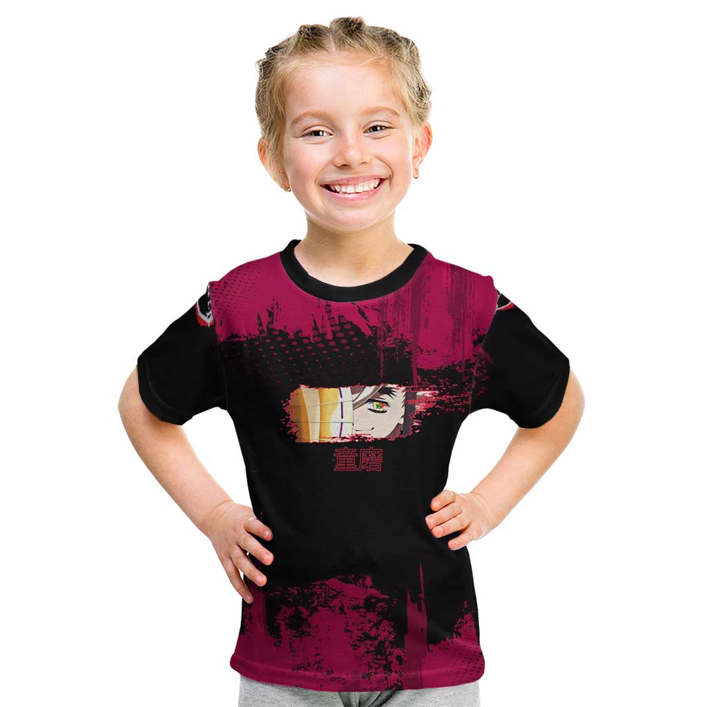 Douma Demon Slayer Red Grunge Design Kid T Shirt with Fan Pose and Piercing Eyes Detail - The Mazicc