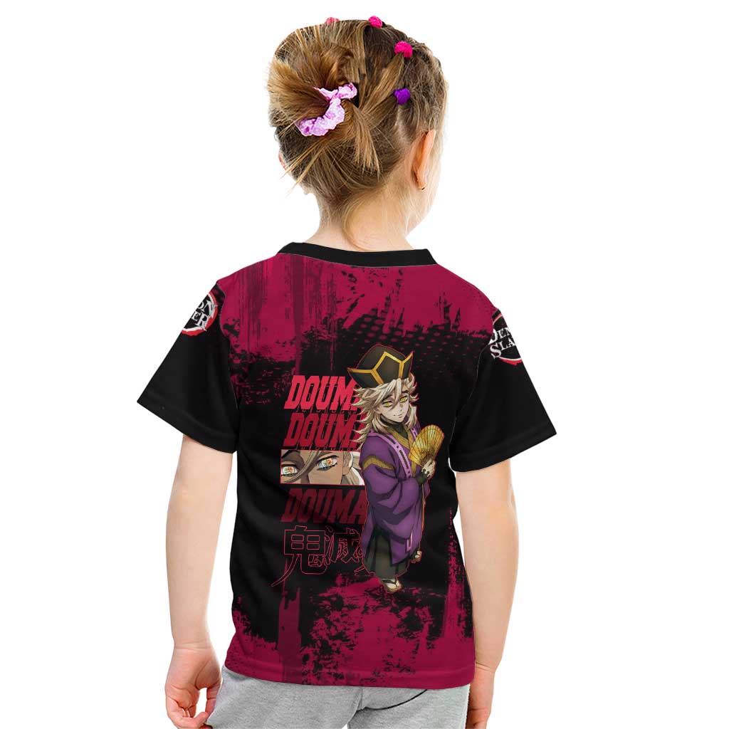 Douma Demon Slayer Red Grunge Design Kid T Shirt with Fan Pose and Piercing Eyes Detail - The Mazicc