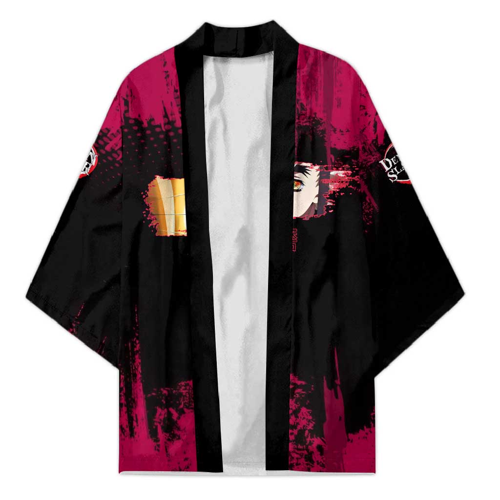 Douma Demon Slayer Red Grunge Design Kimono with Fan Pose and Piercing Eyes Detail - The Mazicc