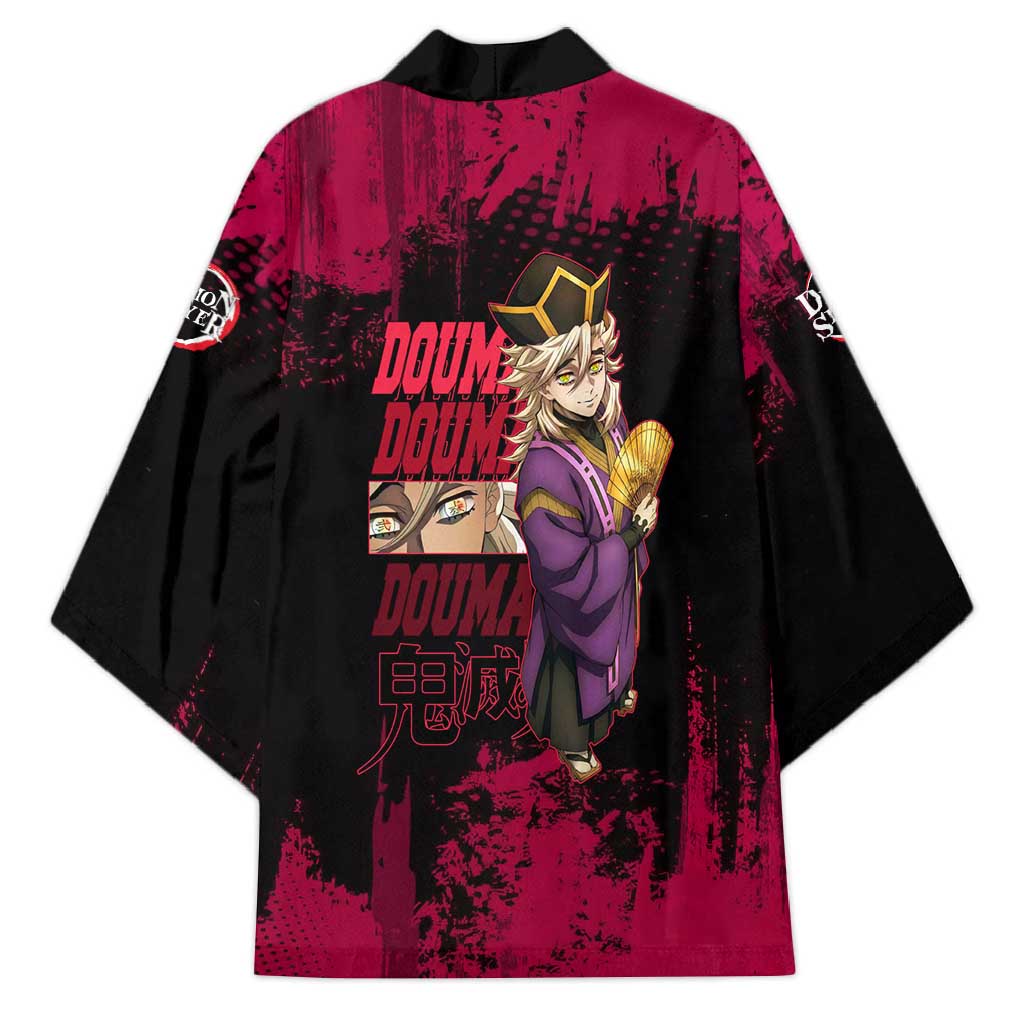 Douma Demon Slayer Red Grunge Design Kimono with Fan Pose and Piercing Eyes Detail - The Mazicc