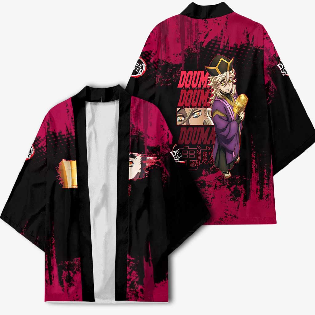 Douma Demon Slayer Red Grunge Design Kimono with Fan Pose and Piercing Eyes Detail - The Mazicc