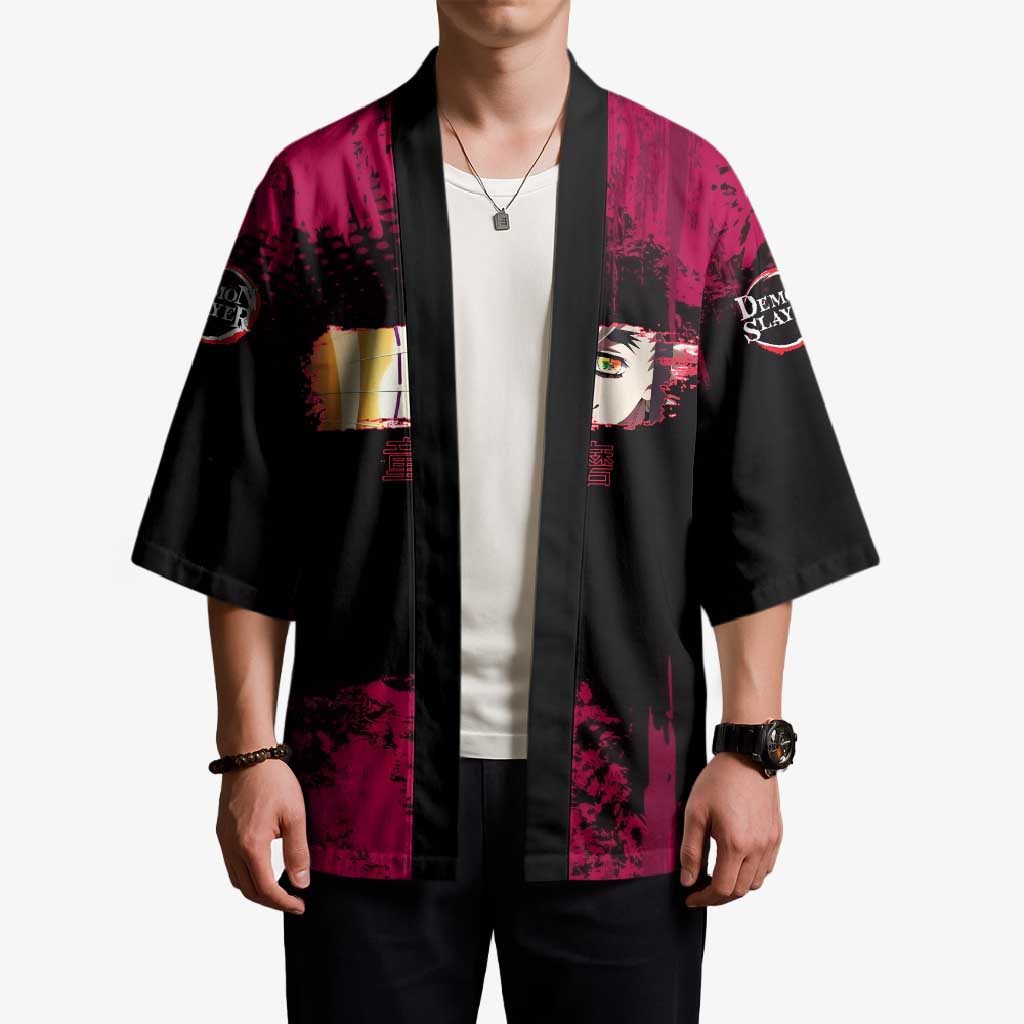 Douma Demon Slayer Red Grunge Design Kimono with Fan Pose and Piercing Eyes Detail - The Mazicc