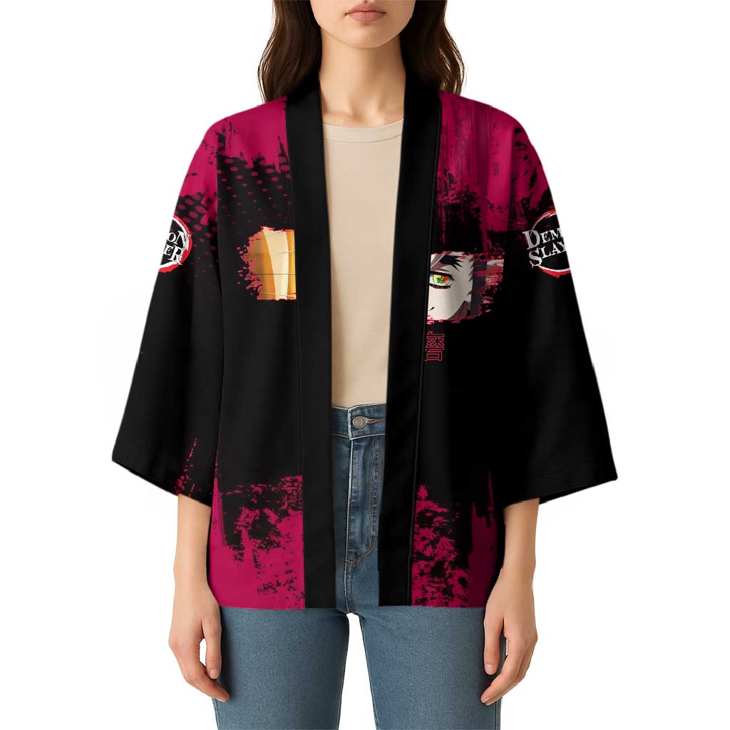 Douma Demon Slayer Red Grunge Design Kimono with Fan Pose and Piercing Eyes Detail - The Mazicc