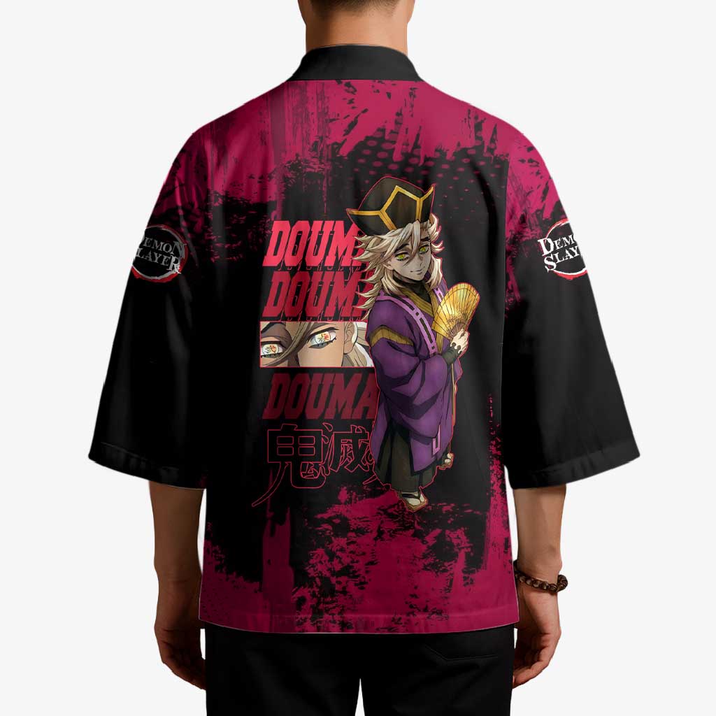 Douma Demon Slayer Red Grunge Design Kimono with Fan Pose and Piercing Eyes Detail - The Mazicc